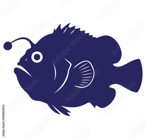 Dark blue fish with white details and lure on head swimming alone  sea creature