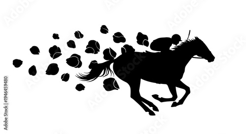 Silhouette of horse and jockey racing.