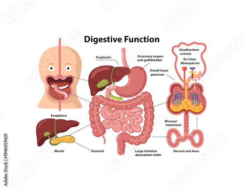 A detailed illustration of the human digestive system with labeled organs on transparent background