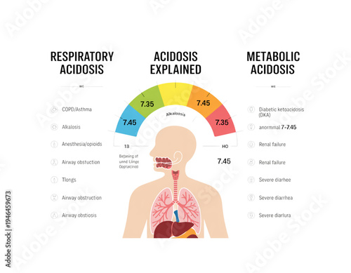 A medical illustration explaining acidosis with a human body and pH levels on transparent background