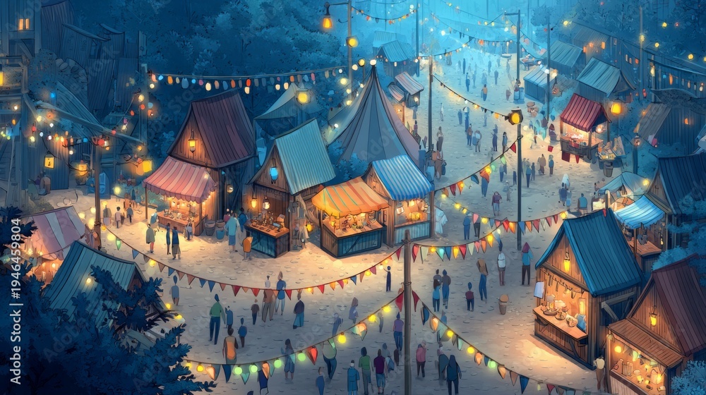 Obraz premium Lively Cartoon Scene of Harvest Festival with Colorful String Lights and Stalls