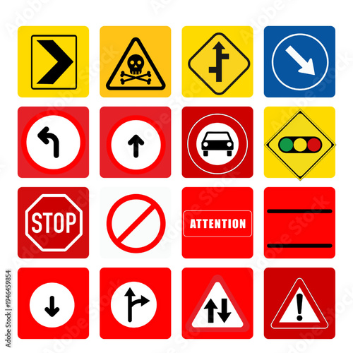 A collection of various road signs on a white background