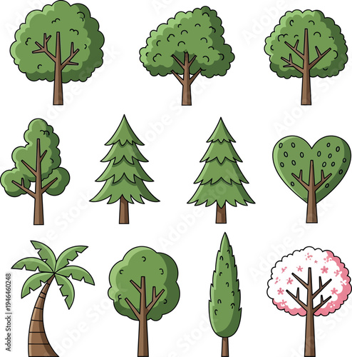 A collection of diverse tree illustrations in various shapes and sizes