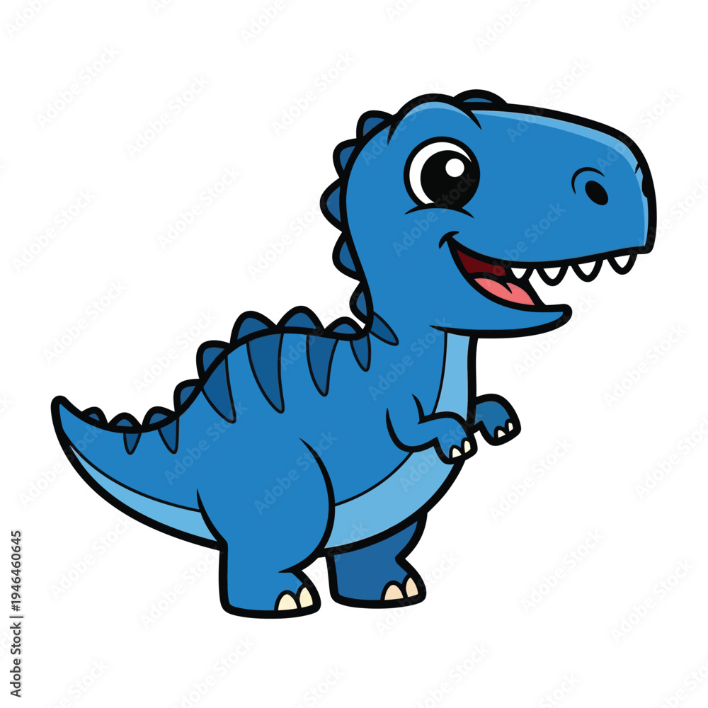 Obraz premium Adorable cartoon blue Tyrannosaurus Rex dinosaur with big eyes and smiling expression, standing confidently, digital art, perfect for children's books and educational materials.