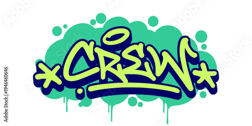 Crew Word Graffiti Tag Illustration in Creative Bubble Style with Green Drip for Urban Basketball Team Branding.