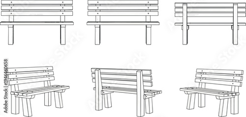 Wooden park bench line icons set, outdoor seating furniture, garden bench perspective views, public park vector collection