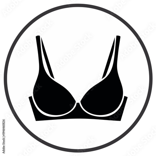 Simple black silhouette icon of a bra within a circle representing clothing and lingerie symbols