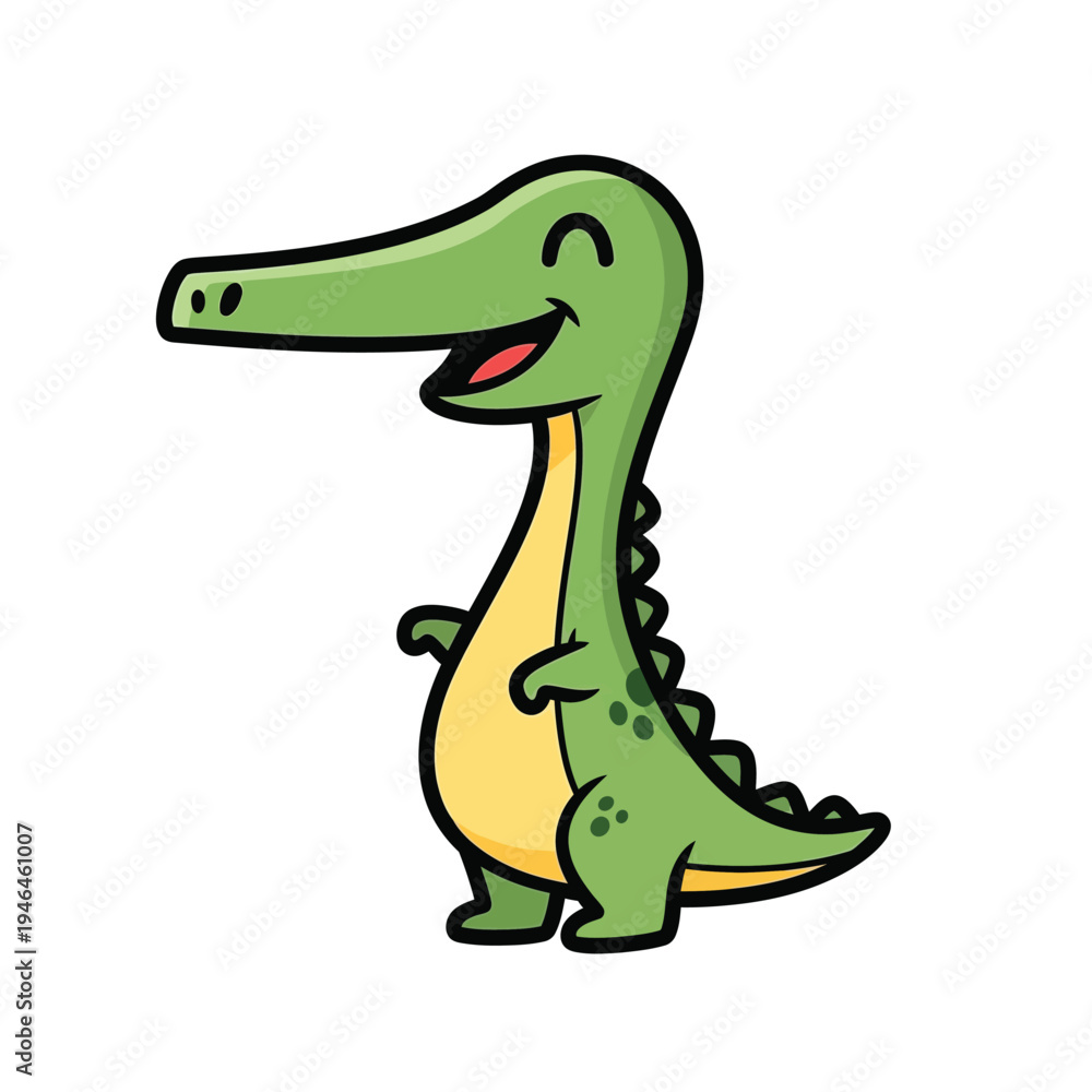 Fototapeta premium Adorable cartoon baby alligator with a wide, happy smile, standing upright with arms out, rendered in a clean, vector graphic style on a white background.