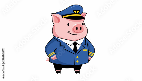 Cute cartoon pig wearing a pilot's uniform, complete with hat and jacket, standing proudly