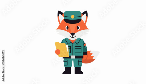 Charming Cartoon Fox in Military Uniform Holding a Clipboard, Ready for Duty