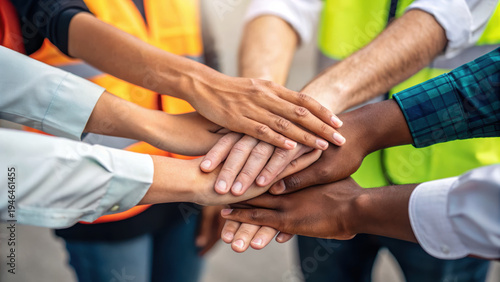 Safety meeting workplace management team stack hand unity diverse colleague support trust motivation