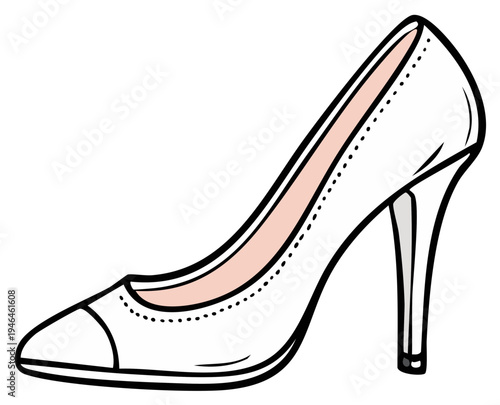 Elegant white high heel shoe with pointed toe and slender heel depicted from the side