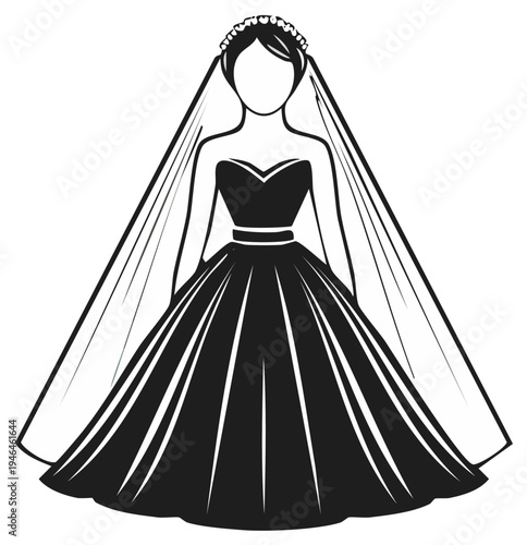 Stylized illustration of a bride wearing a full skirt and veil