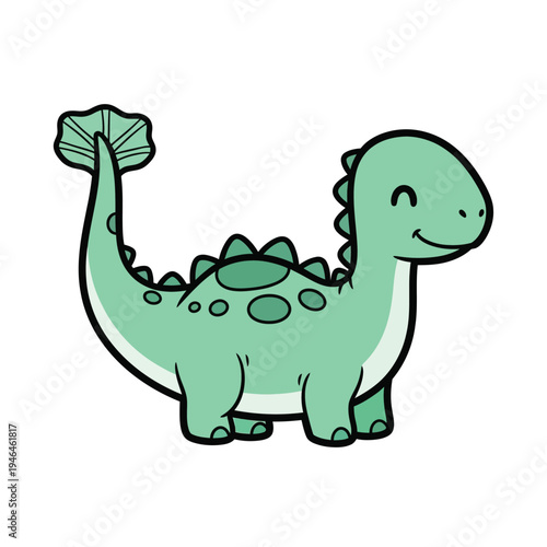 Adorable cartoon brontosaurus dinosaur with a happy expression and green spots, depicted in a charming, flat, vector graphic style, perfect for children's themes.