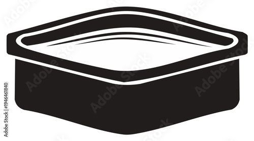 Black and white icon of an open, empty food container for takeout, lunch, or meal prep