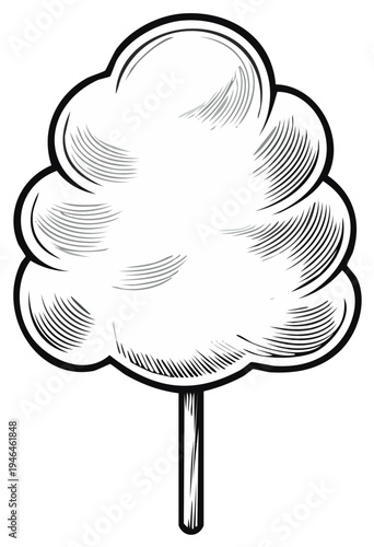 Vintage cotton candy illustration on a stick in a black and white engraving style.