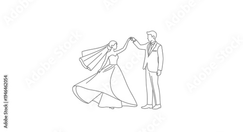 Vector illustration of dancing bride and groom in one line art style
