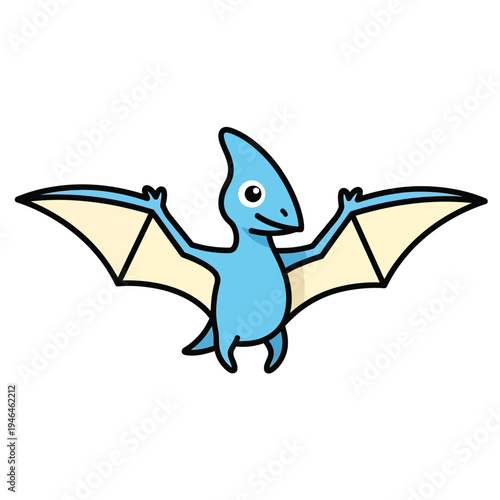 Joyful blue cartoon pterodactyl with outstretched wings in a whimsical, flat design style, conveying a sense of flight and friendly exploration against a clean white background.