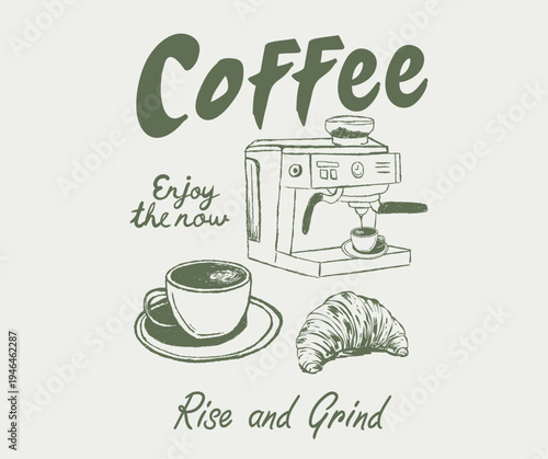 Coffee with croissant makes everything better. Coffee club artwork for apparel, sticker, batch, background, poster and others. Fresh start your day.
