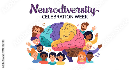 Illustration of diverse people celebrating Neurodiversity Celebration Week with colorful brain vector design.