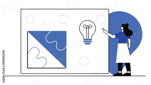 Inspired Woman Pointing to a Bright Idea Light Bulb abstract concept vector illustrations