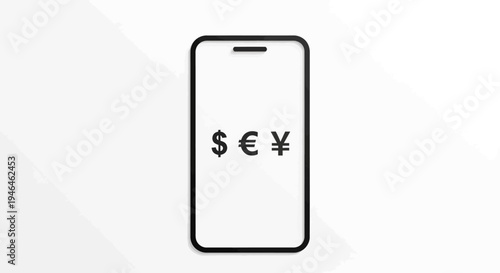 Smartphone with currency symbols on screen.