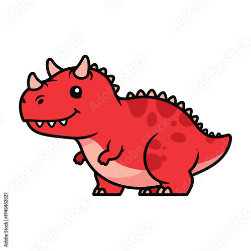 Adorable kawaii red dinosaur, stylized cartoon character with horns and spots, standing with a cheerful smile, perfect for children's products and whimsical designs.