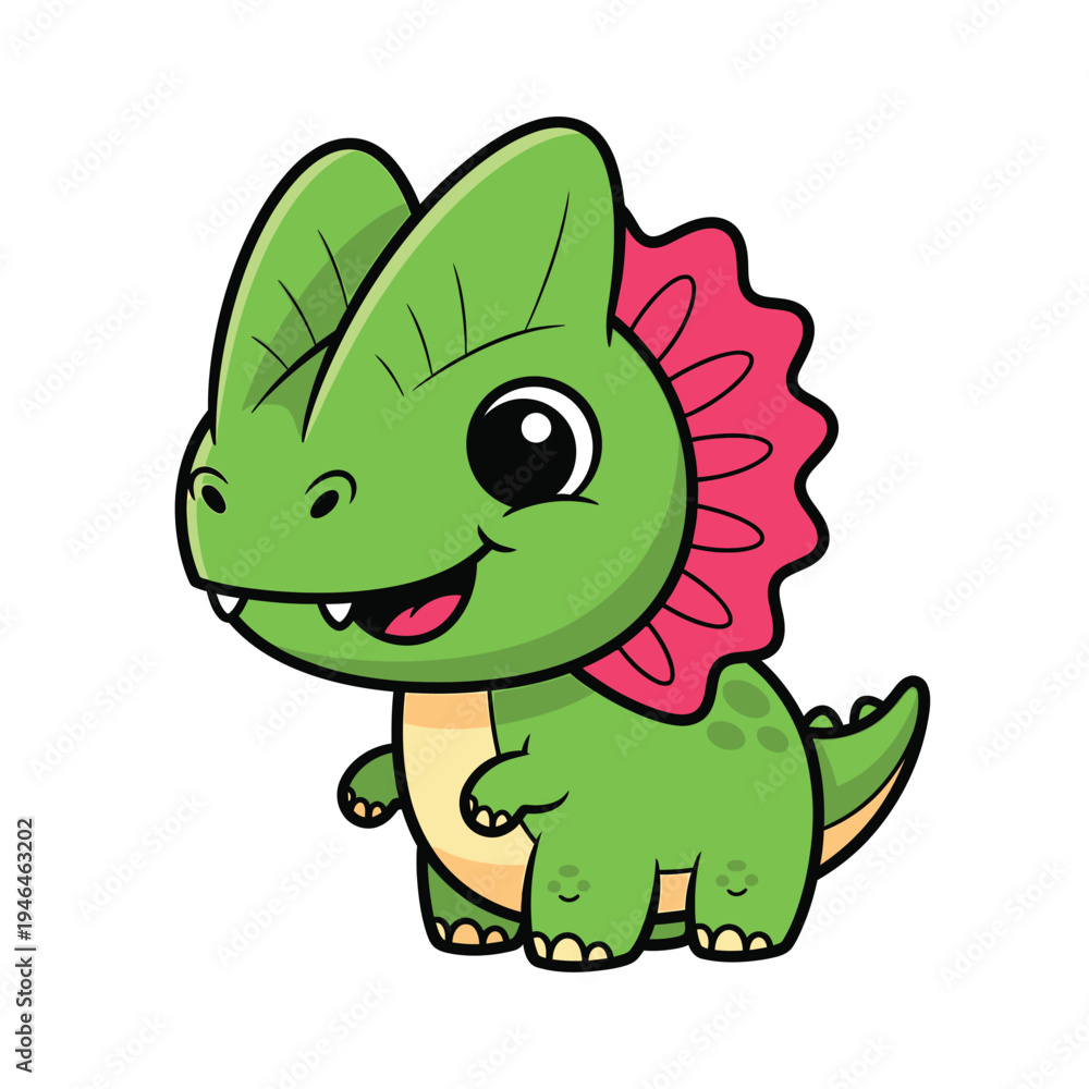 Fototapeta premium Adorable cartoon Dilophosaurus, a charming baby dinosaur with big expressive eyes and a vibrant pink frill, rendered in a cute, playful, and graphic style for children's media.