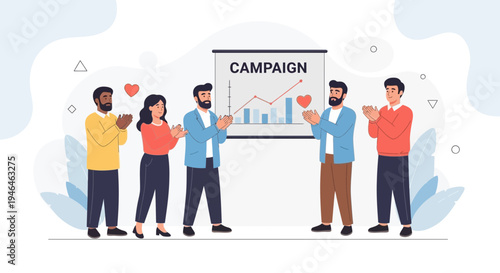 Team applauding successful campaign presentation with growth chart and hearts