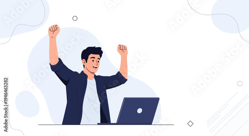 Man celebrating success with laptop, achievement, victory, work from home, remote work, freelance