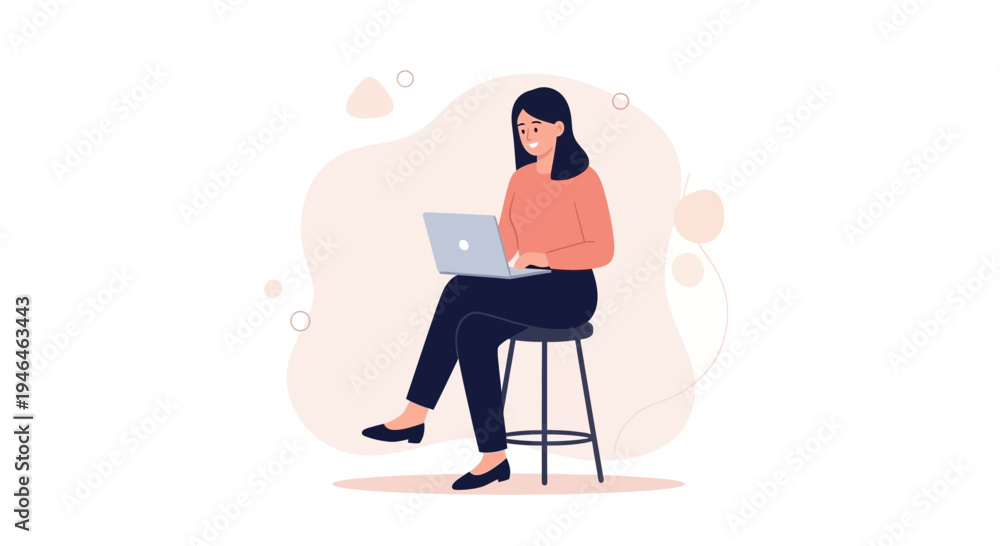 Fototapeta premium Young woman working on laptop computer while sitting on stool, flat design illustration