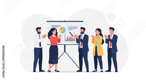 Business team applauding during a successful presentation with charts on a whiteboard.