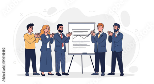 Business team applauding success during presentation with graph on whiteboard
