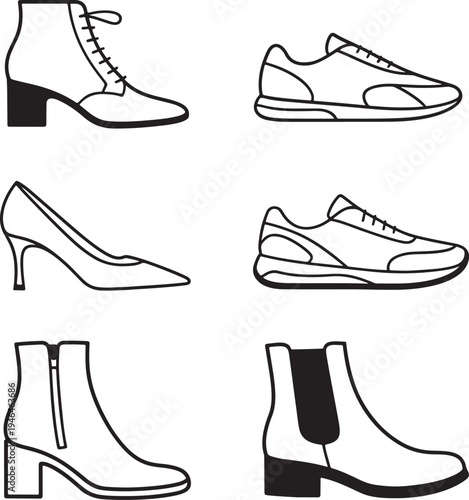 Black and white line of six different types of shoes footwear line black and white heel boot