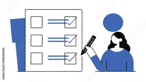 A woman stands next to a giant clipboard with a checklist marking a box symbolizing task completion and project management  abstract concept vector illustrations