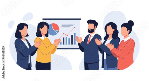 Business team applauding during a presentation with charts and graphs.