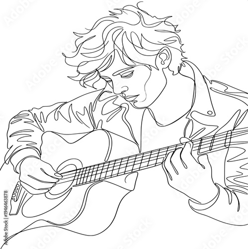 continuous line illustration of a young man focused on playing an acoustic folk guitar.