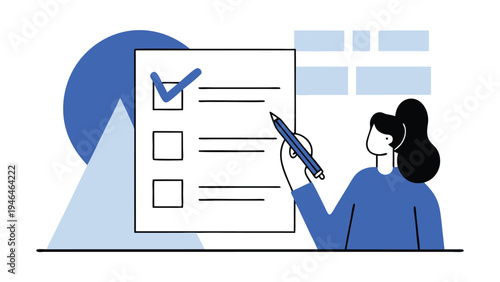 A woman stands next to a giant clipboard with a checklist marking a box symbolizing task completion and project management  abstract concept vector illustrations