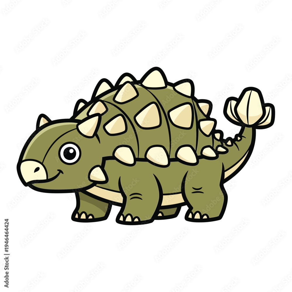 Obraz premium Adorable, smiling Ankylosaurus dinosaur with armored plates and clubbed tail, depicted in a charming, simple cartoon style, isolated on a clean white background for versatile use in children