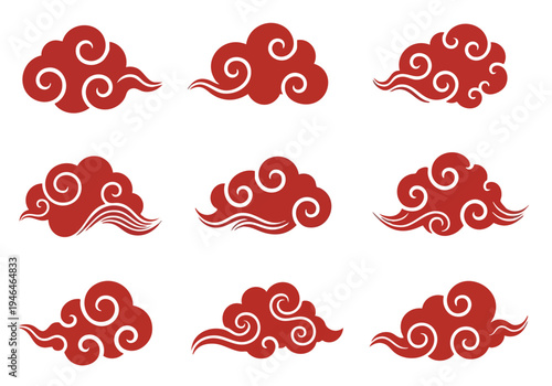 Red Swirling Clouds. Traditional Asian Design Elements. Vector Illustration.