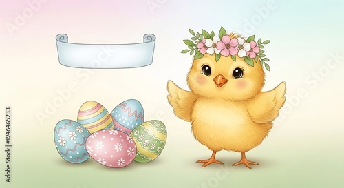 Adorable baby chick wearing a floral crown, surrounded by beautifully decorated Easter eggs and a blank scroll, perfect for springtime greetings.