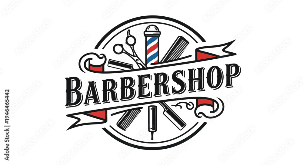 Obraz premium Vintage Barbershop Logo with Classic Barber Pole and Tools.