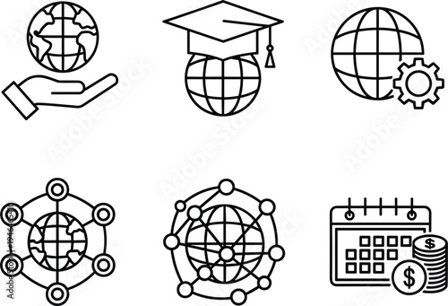 Global Business and Education Line Icon Set with World Globe, Network, Calendar, Finance, and Technology Symbols for International Communication and Digital Services Design