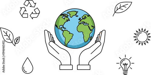 Pair of cupped hands gently holding the planet earth surrounded by line icons representing nature and sustainability concepts