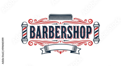 Vintage Barbershop Sign with Classic Barber Poles and Ornate Details.