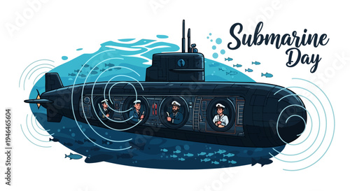 Illustration of a submarine on Submarine Day with a vector design depicting a naval submarine vessel underwater with a military submarine concept.
