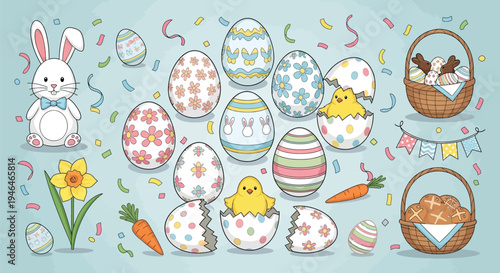 Charming illustration featuring a happy Easter bunny surrounded by brightly decorated eggs chicks and festive spring elements