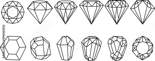 Diamond and gemstone line icons set, geometric crystal shapes, luxury jewelry gems, precious stones outline vector collection
