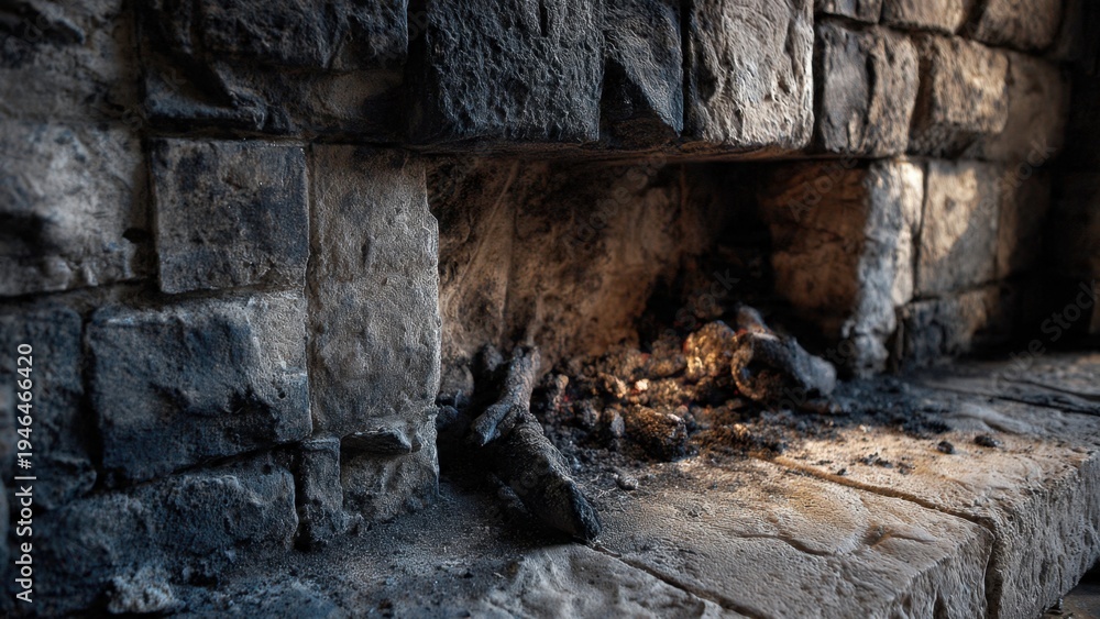 Fototapeta premium Rustic Stone Fireplace Hearth with Glowing Embers and Ash