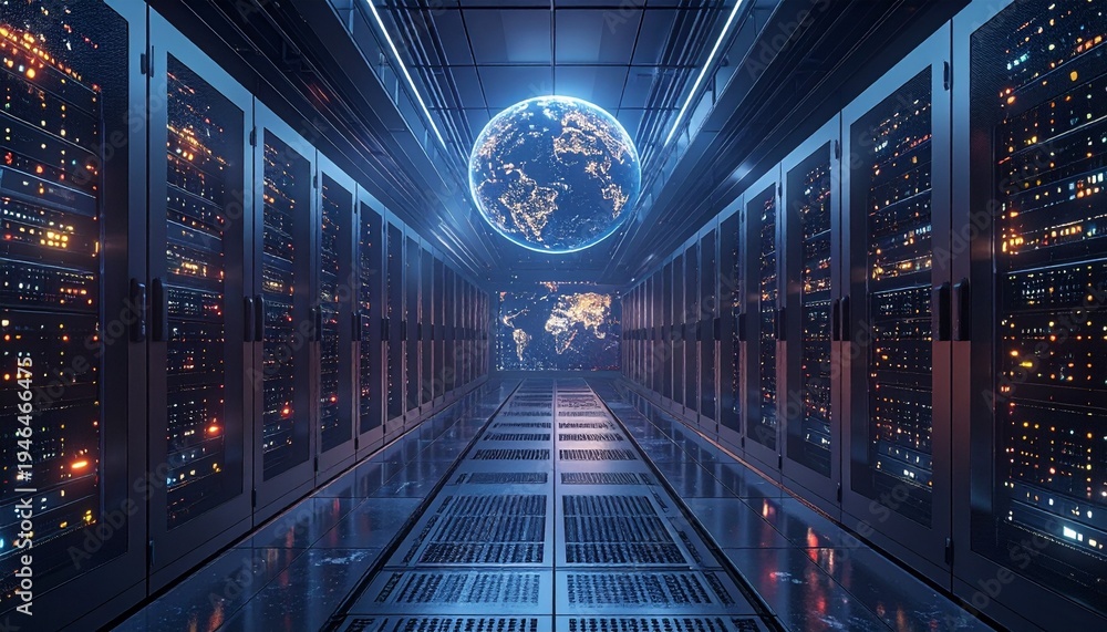 Fototapeta premium Data Center Server Room with Global Network.